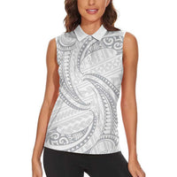 White Sunday Lotu Tamaiti Women Sleeveless Polo Shirt Polynesian Wave Pastel Gray LT9 - Polynesian Pride