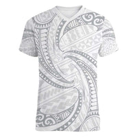 White Sunday Lotu Tamaiti Women V-Neck T-Shirt Polynesian Wave Pastel Gray LT9 Female Gray - Polynesian Pride