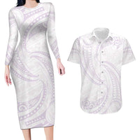 White Sunday Lotu Tamaiti Couples Matching Long Sleeve Bodycon Dress and Hawaiian Shirt Polynesian Wave Pastel Mauve LT9 Mauve - Polynesian Pride