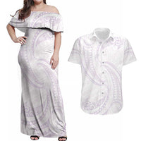 White Sunday Lotu Tamaiti Couples Matching Off Shoulder Maxi Dress and Hawaiian Shirt Polynesian Wave Pastel Mauve LT9 Mauve - Polynesian Pride