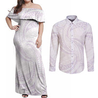 White Sunday Lotu Tamaiti Couples Matching Off Shoulder Maxi Dress and Long Sleeve Button Shirt Polynesian Wave Pastel Mauve LT9 Mauve - Polynesian Pride