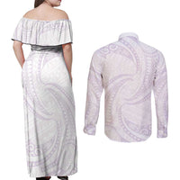 White Sunday Lotu Tamaiti Couples Matching Off Shoulder Maxi Dress and Long Sleeve Button Shirt Polynesian Wave Pastel Mauve LT9 - Polynesian Pride
