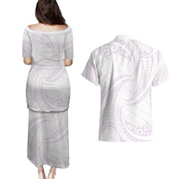 White Sunday Lotu Tamaiti Couples Matching Puletasi and Hawaiian Shirt Polynesian Wave Pastel Mauve LT9 - Polynesian Pride
