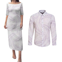 White Sunday Lotu Tamaiti Couples Matching Puletasi and Long Sleeve Button Shirt Polynesian Wave Pastel Mauve LT9 Mauve - Polynesian Pride