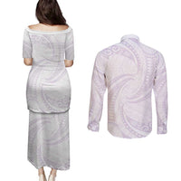 White Sunday Lotu Tamaiti Couples Matching Puletasi and Long Sleeve Button Shirt Polynesian Wave Pastel Mauve LT9 - Polynesian Pride