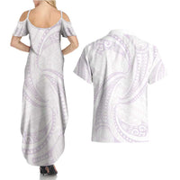 White Sunday Lotu Tamaiti Couples Matching Summer Maxi Dress and Hawaiian Shirt Polynesian Wave Pastel Mauve LT9 - Polynesian Pride