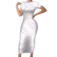 White Sunday Lotu Tamaiti Short Sleeve Bodycon Dress Polynesian Wave Pastel Mauve LT9 Long Dress Mauve - Polynesian Pride