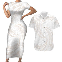 White Sunday Lotu Tamaiti Couples Matching Short Sleeve Bodycon Dress and Hawaiian Shirt Polynesian Wave Pastel Nude LT9 Nude - Polynesian Pride