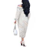 White Sunday Lotu Tamaiti Off The Shoulder Long Sleeve Dress Polynesian Wave Pastel Nude LT9 - Polynesian Pride