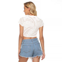 White Sunday Lotu Tamaiti Raglan Cropped T Shirt Polynesian Wave Pastel Nude - Polynesian Pride