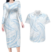 White Sunday Lotu Tamaiti Couples Matching Long Sleeve Bodycon Dress and Hawaiian Shirt Polynesian Wave Pastel Sky Blue LT9 Blue - Polynesian Pride