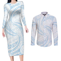 White Sunday Lotu Tamaiti Couples Matching Long Sleeve Bodycon Dress and Long Sleeve Button Shirt Polynesian Wave Pastel Sky Blue LT9 Blue - Polynesian Pride