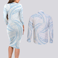 White Sunday Lotu Tamaiti Couples Matching Long Sleeve Bodycon Dress and Long Sleeve Button Shirt Polynesian Wave Pastel Sky Blue LT9 - Polynesian Pride