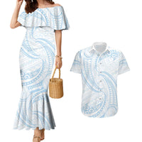 White Sunday Lotu Tamaiti Couples Matching Mermaid Dress and Hawaiian Shirt Polynesian Wave Pastel Sky Blue LT9 Blue - Polynesian Pride