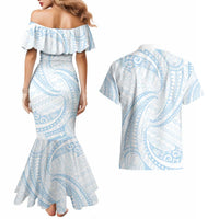 White Sunday Lotu Tamaiti Couples Matching Mermaid Dress and Hawaiian Shirt Polynesian Wave Pastel Sky Blue LT9 - Polynesian Pride