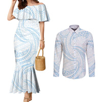White Sunday Lotu Tamaiti Couples Matching Mermaid Dress and Long Sleeve Button Shirt Polynesian Wave Pastel Sky Blue LT9 Blue - Polynesian Pride