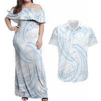 White Sunday Lotu Tamaiti Couples Matching Off Shoulder Maxi Dress and Hawaiian Shirt Polynesian Wave Pastel Sky Blue LT9 Blue - Polynesian Pride
