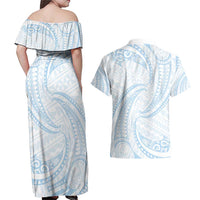 White Sunday Lotu Tamaiti Couples Matching Off Shoulder Maxi Dress and Hawaiian Shirt Polynesian Wave Pastel Sky Blue LT9 - Polynesian Pride