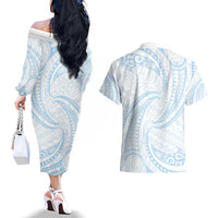 White Sunday Lotu Tamaiti Couples Matching Off The Shoulder Long Sleeve Dress and Hawaiian Shirt Polynesian Wave Pastel Sky Blue LT9 - Polynesian Pride