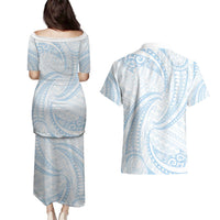 White Sunday Lotu Tamaiti Couples Matching Puletasi and Hawaiian Shirt Polynesian Wave Pastel Sky Blue LT9 - Polynesian Pride