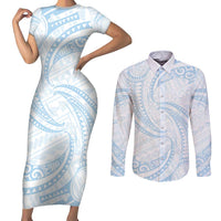 White Sunday Lotu Tamaiti Couples Matching Short Sleeve Bodycon Dress and Long Sleeve Button Shirt Polynesian Wave Pastel Sky Blue LT9 Blue - Polynesian Pride