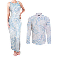 White Sunday Lotu Tamaiti Couples Matching Tank Maxi Dress and Long Sleeve Button Shirt Polynesian Wave Pastel Sky Blue LT9 Blue - Polynesian Pride