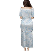 White Sunday Lotu Tamaiti Family Matching Puletasi and Hawaiian Shirt Polynesian Wave Pastel Sky Blue LT9 - Polynesian Pride