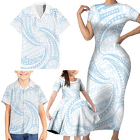 White Sunday Lotu Tamaiti Family Matching Short Sleeve Bodycon Dress and Hawaiian Shirt Polynesian Wave Pastel Sky Blue LT9 - Polynesian Pride