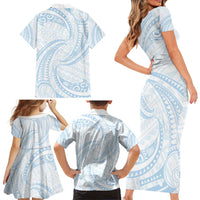 White Sunday Lotu Tamaiti Family Matching Short Sleeve Bodycon Dress and Hawaiian Shirt Polynesian Wave Pastel Sky Blue LT9 - Polynesian Pride