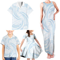 White Sunday Lotu Tamaiti Family Matching Tank Maxi Dress and Hawaiian Shirt Polynesian Wave Pastel Sky Blue LT9 - Polynesian Pride