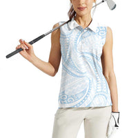 White Sunday Lotu Tamaiti Women Sleeveless Polo Shirt Polynesian Wave Pastel Sky Blue LT9 - Polynesian Pride