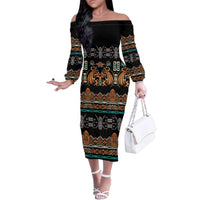 Black Batik Papua-inspired Pattern Family Matching Off The Shoulder Long Sleeve Dress and Hawaiian Shirt LT9 Mom's Dress Black - Polynesian Pride