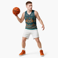 Dark Cyan Blue Batik Papua-inspired Pattern Basketball Jersey - Polynesian Pride
