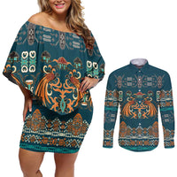 Dark Cyan Blue Batik Papua-inspired Pattern Couples Matching Off Shoulder Short Dress and Long Sleeve Button Shirt - Polynesian Pride