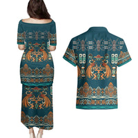Dark Cyan Blue Batik Papua-inspired Pattern Couples Matching Puletasi and Hawaiian Shirt - Polynesian Pride