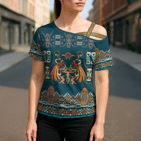 Dark Cyan Blue Batik Papua-inspired Pattern Cross Shoulder Shirt - Polynesian Pride