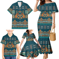 Dark Cyan Blue Batik Papua-inspired Pattern Family Matching Mermaid Dress and Hawaiian Shirt LT9 - Polynesian Pride