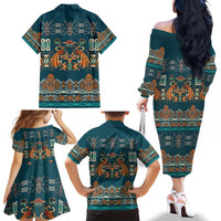 Dark Cyan Blue Batik Papua-inspired Pattern Family Matching Off The Shoulder Long Sleeve Dress and Hawaiian Shirt LT9 - Polynesian Pride