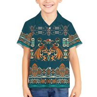 Dark Cyan Blue Batik Papua-inspired Pattern Family Matching Off The Shoulder Long Sleeve Dress and Hawaiian Shirt LT9 Son's Shirt Blue - Polynesian Pride