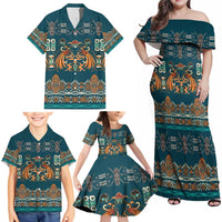 Dark Cyan Blue Batik Papua-inspired Pattern Family Matching Off Shoulder Maxi Dress and Hawaiian Shirt LT9 - Polynesian Pride