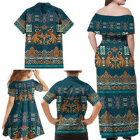 Dark Cyan Blue Batik Papua-inspired Pattern Family Matching Off Shoulder Maxi Dress and Hawaiian Shirt LT9 - Polynesian Pride
