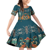 Dark Cyan Blue Batik Papua-inspired Pattern Family Matching Off Shoulder Short Dress and Hawaiian Shirt LT9 Daughter's Dress Blue - Polynesian Pride