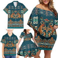 Dark Cyan Blue Batik Papua-inspired Pattern Family Matching Off Shoulder Short Dress and Hawaiian Shirt LT9 - Polynesian Pride