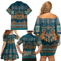 Dark Cyan Blue Batik Papua-inspired Pattern Family Matching Off Shoulder Short Dress and Hawaiian Shirt LT9 - Polynesian Pride