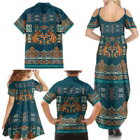 Dark Cyan Blue Batik Papua-inspired Pattern Family Matching Summer Maxi Dress and Hawaiian Shirt LT9 - Polynesian Pride