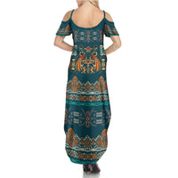 Dark Cyan Blue Batik Papua-inspired Pattern Family Matching Summer Maxi Dress and Hawaiian Shirt LT9 - Polynesian Pride