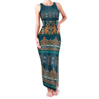 Dark Cyan Blue Batik Papua-inspired Pattern Family Matching Tank Maxi Dress and Hawaiian Shirt LT9 Mom's Dress Blue - Polynesian Pride