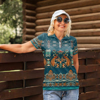 Dark Cyan Blue Batik Papua-inspired Pattern Women Polo Shirt - Polynesian Pride