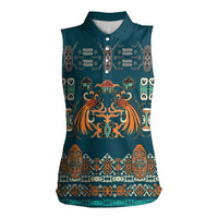 Dark Cyan Blue Batik Papua-inspired Pattern Women Sleeveless Polo Shirt - Polynesian Pride