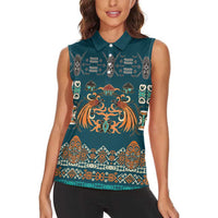 Dark Cyan Blue Batik Papua-inspired Pattern Women Sleeveless Polo Shirt - Polynesian Pride